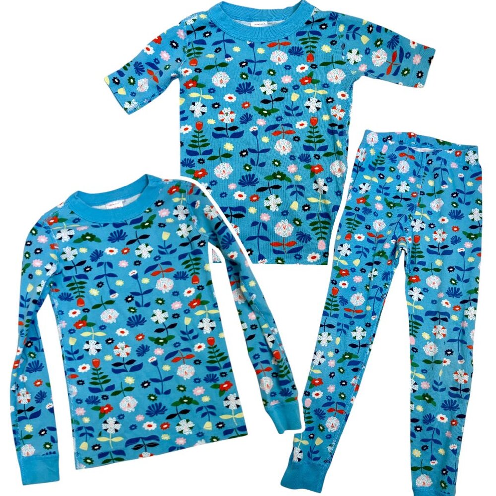 Hanna Andersson Blue Floral Long John Pajama Set Long and Short Sleeves Size 6-7